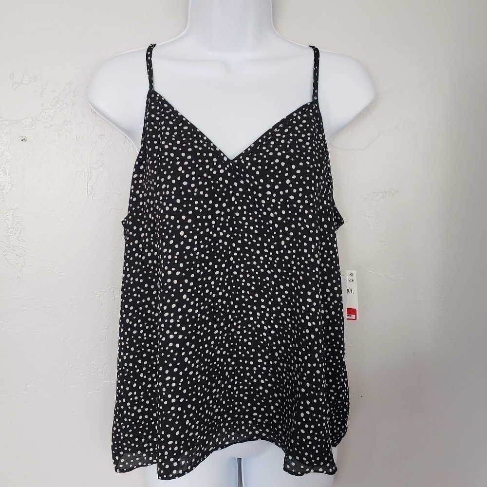 Abound NWT Women's Medium Black Chiffon Tank Top White Polka Dots Dressy Blouse
